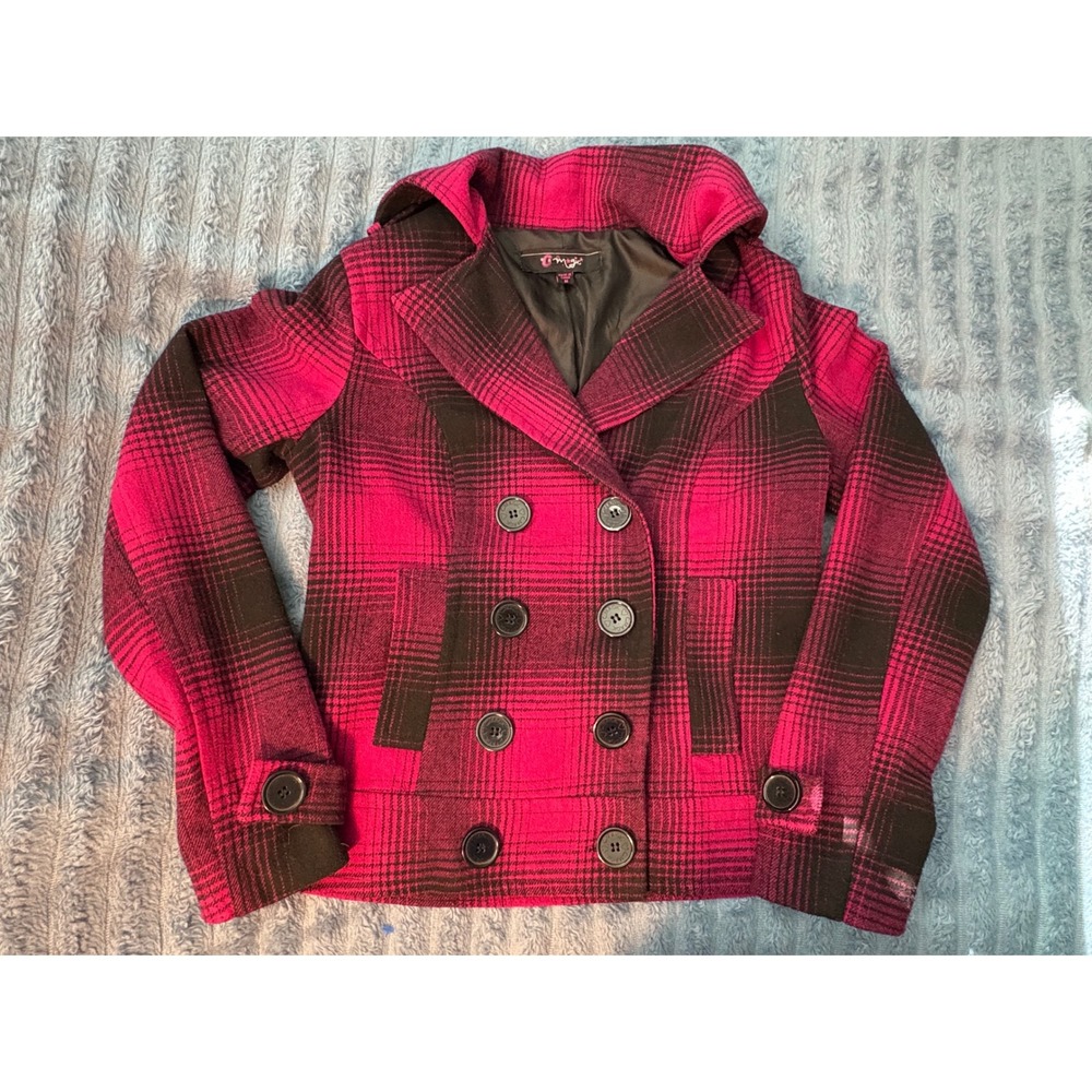 C. Magic Y2K Pink Black Plaid Double Breasted Wool Blend Pea Coat Womens M